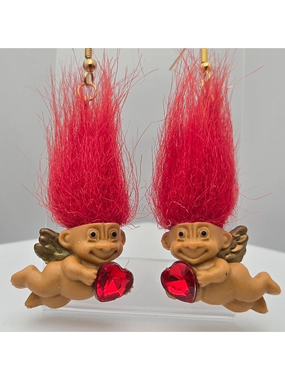Cupid Troll Earrings Red Hair Heart Gem Vintage Russ Berrie 2.5''